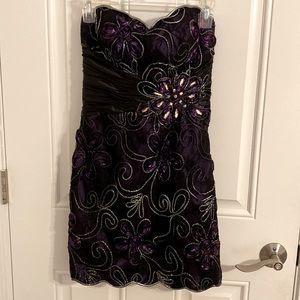 MacDuggal Designer Strapless Black/Purple Mini Cocktail Gown